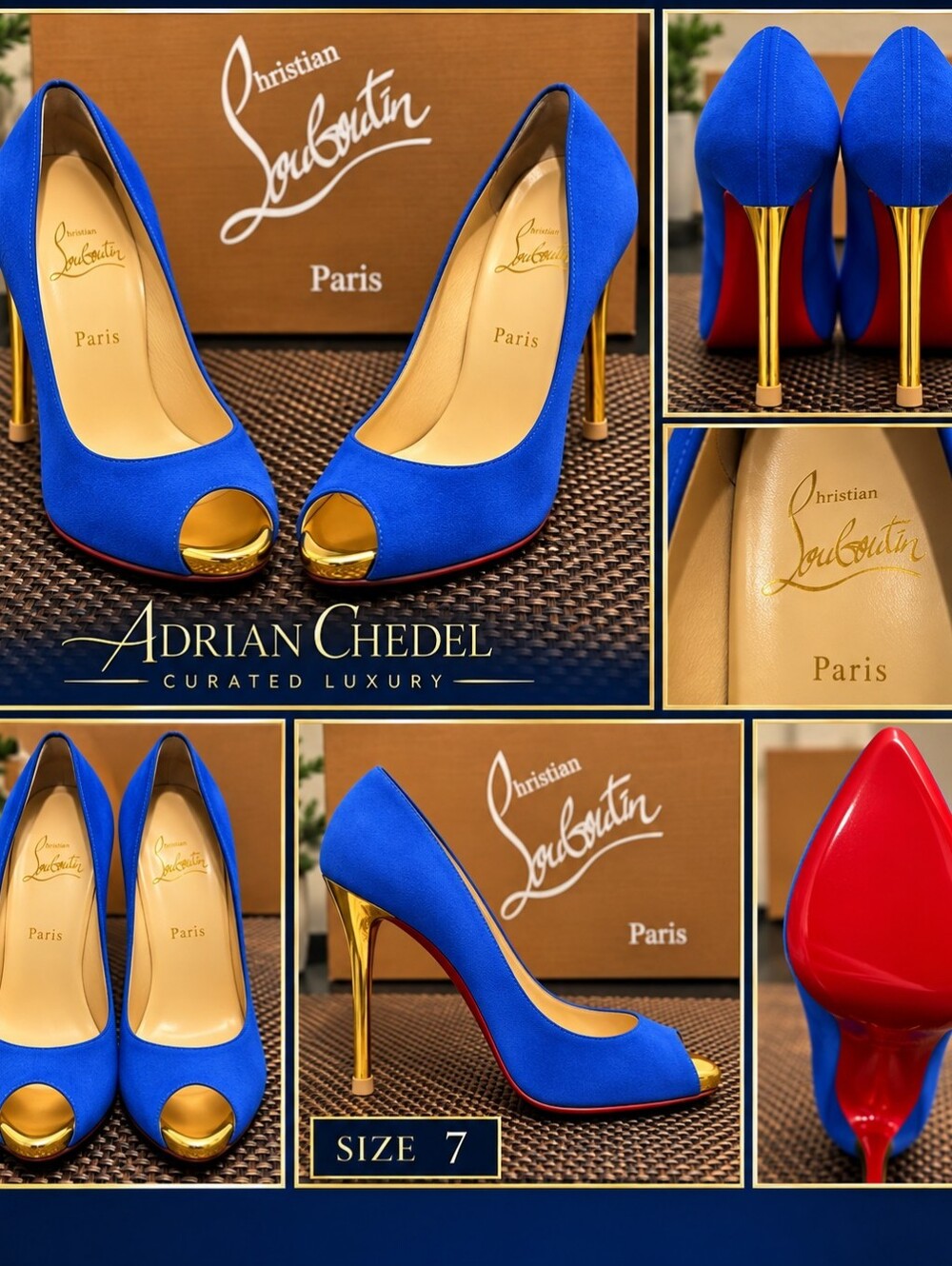 Christian Louboutin Electric Blue Suede Peep-Toe Pumps with Gold Heel